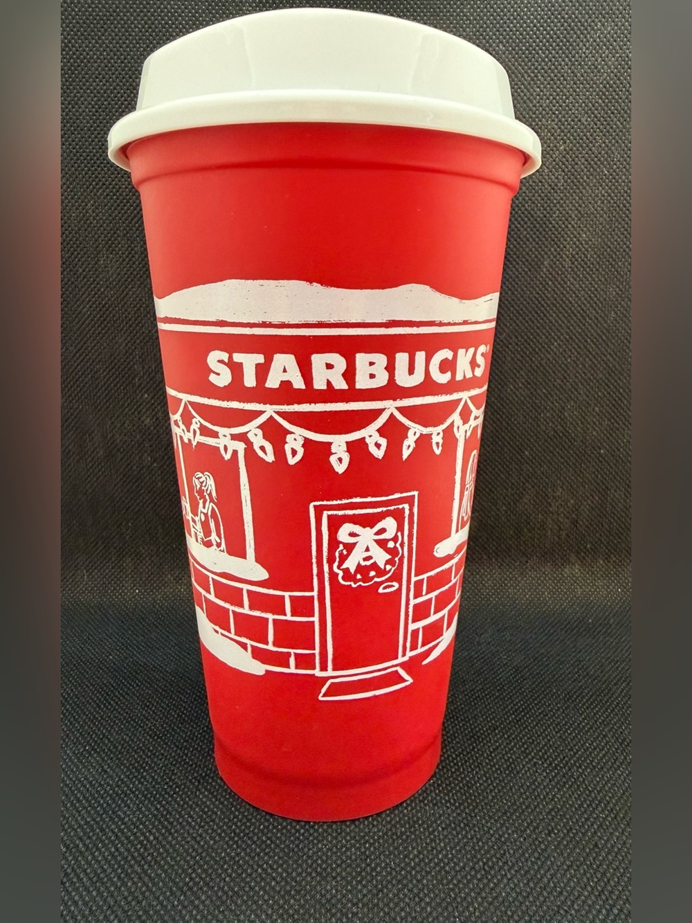 Starbucks Red Cup with White Holiday Graphics and White Lid